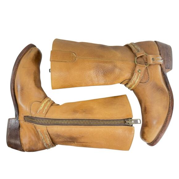 Bed Stu Harness Biker Western Moto Boots Tan Leather Distressed Women Size 10 - Picture 10 of 12